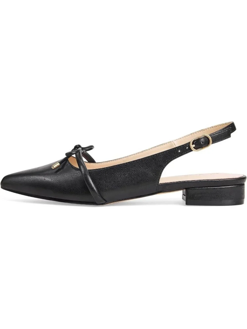 Women's Black Slingback Flats Closed Pointed Toe Bow Low Block Chunky Heel Shoes